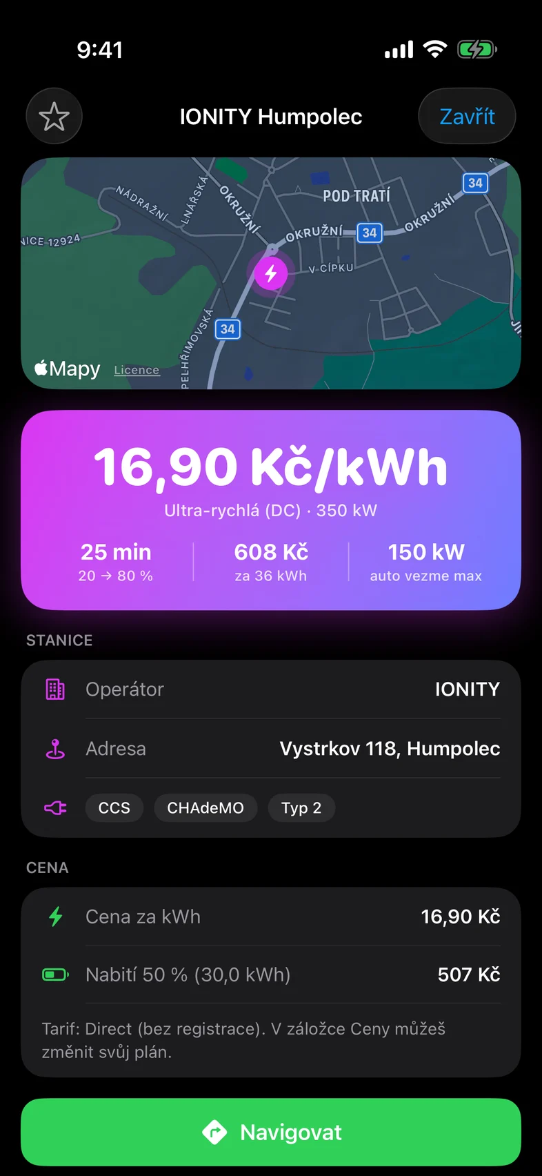 Detail nabíjecí stanice s odhadem ceny podle tvého tarifu