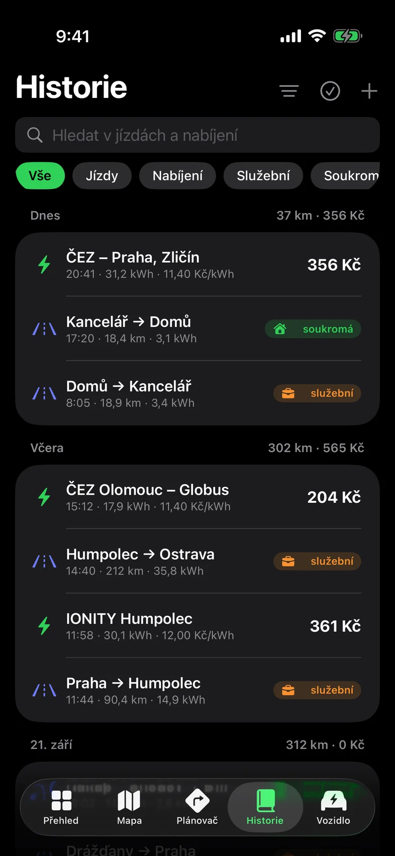 Sjednocená historie jízd a nabíjení s denními součty